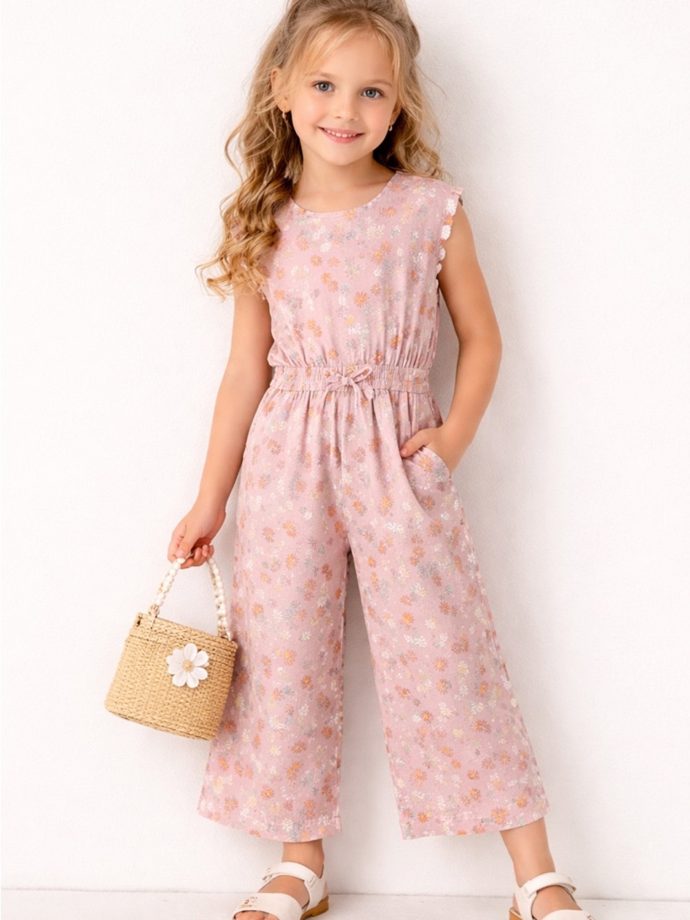 Indie Gold Jumpsuit Girls Size 6X Pink Floral Cap Sleeve Wide Leg Tie Waist NWT